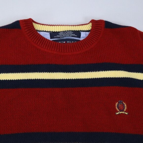 Vintage Tommy Hilfiger Striped Heavy Knit Crest Sweater Red‎ Yellow Blue Size L - Picture 2 of 6